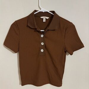 H&M Brown Ribbed Polo Shirt Fitted Cropped